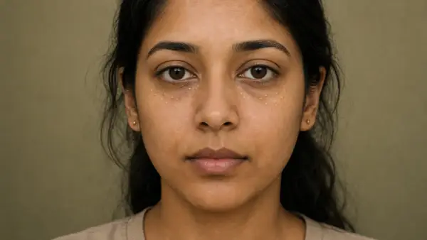 Visage d'une jeune femme avec de petits points blancs sous les yeux, indiquant un grain de milium infecté.