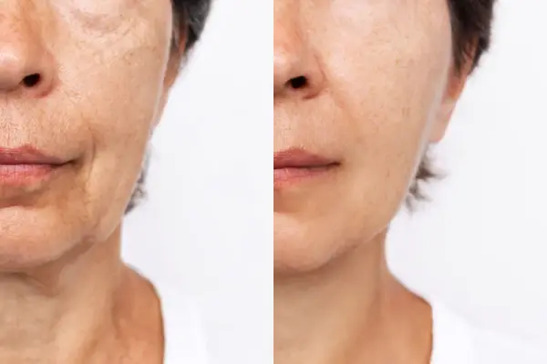 Comparaison avant/après : la peau du visage montre une réduction visible des ridules et une amélioration de la texture.