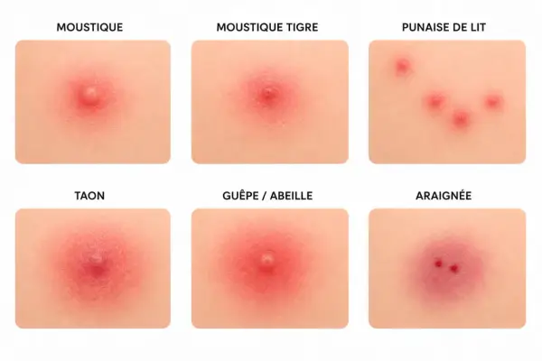 Six images montrant des piqûres d'insectes et d'araignées, certaines semblant faire murir un bouton.