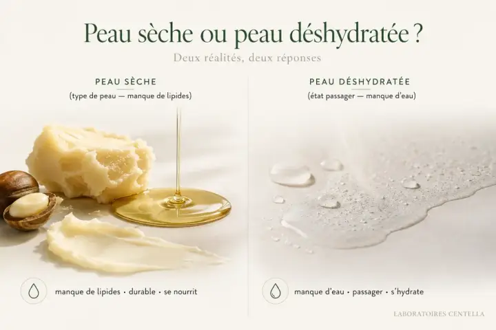 Beurre de karité et huile pour peau sèche (manque de lipides). Gouttes d'eau pour peau déshydratée (perte insensible en eau).
